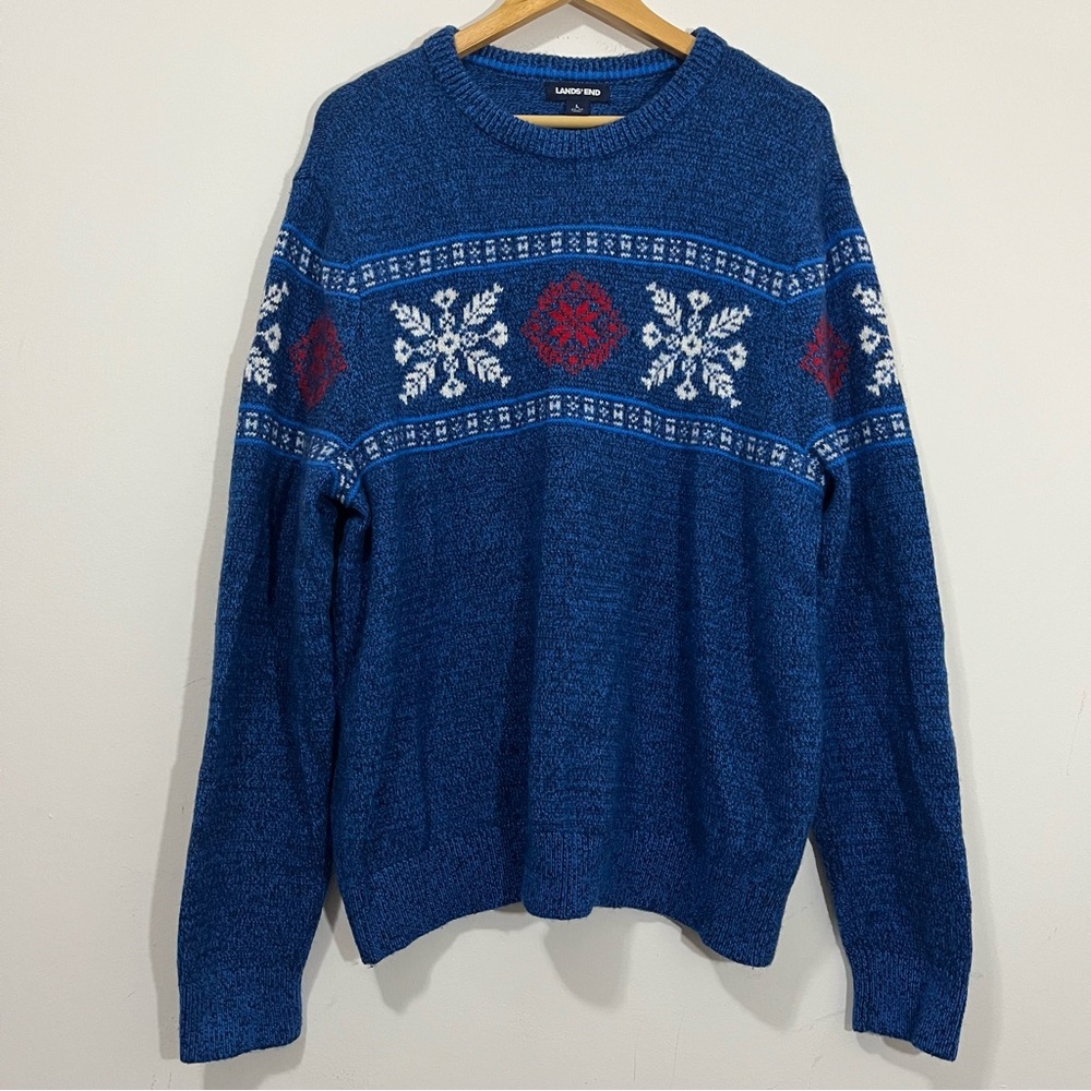 Lands' End Mens Wool Blend Sweater Snowflake FairIsle Blue Size L Holiday Nordic